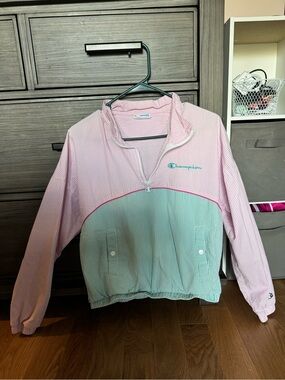 Champion Pink and Mint Colorblock Quarter-Zip Seersucker